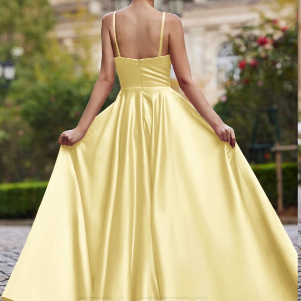 A-line Square Neckline Sleeveless Floor-Length Satin Prom Dress w Pockets Split - Picture 3 of 6
